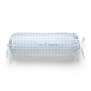 Roll-shaped bolster pillow with blue checkered pattern and 'Sweet Dreams' text on a white background