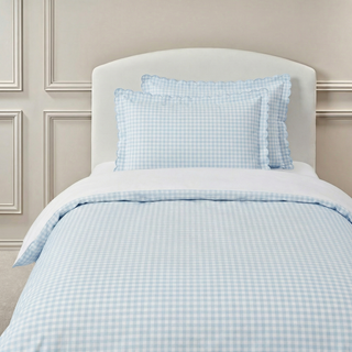 Picnic Gingham Twin Set in Blue. Both Pillow and Duvet Blanket made on bed. 