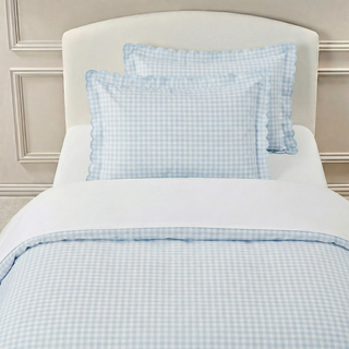 Picnic Gingham Twin Set in Blue. Both Pillow and Duvet Blanket made on bed. 
