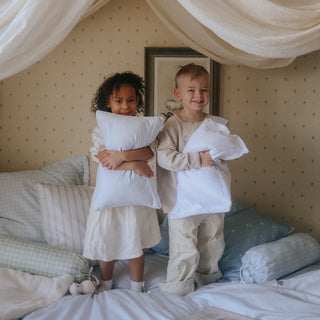 Two children holding pillows in a bedroom with a canopy bed.