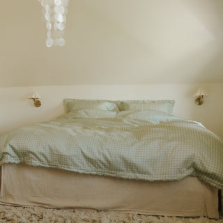 Picnic Gingham Green Full Queen Duvet laid out on bed 