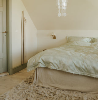 Picnic Gingham Green Full Queen Duvet laid out on bed