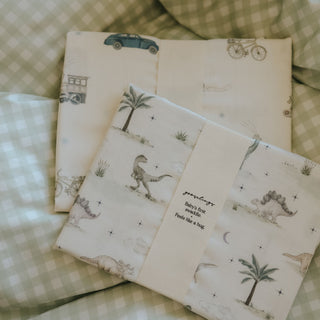 Swaddle in Transit Treasures and Dino Dreams print folded 