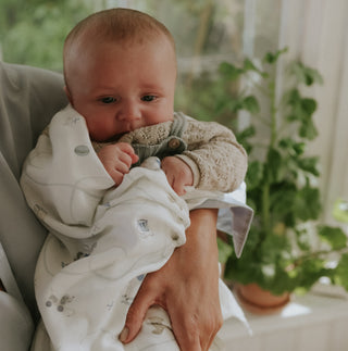 Baby wrapped in a blanket sitting on a person's lap with plants in the background