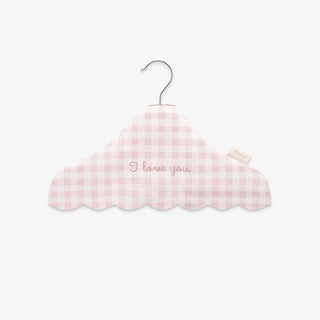 Pink gingham-patterned cloud-shaped hanger with 'I love you' text on a white background