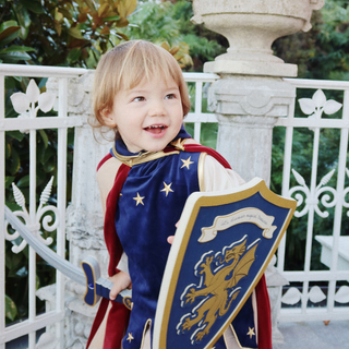 Child in a superhero costume with a shield and cape, standing outdoors.