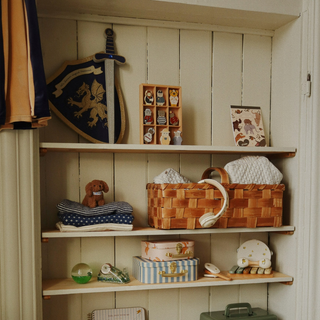 Shelves with toys, a basket, and decorative items in a room with wooden paneling.