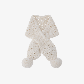 An off-white knit scarf with a textured openwork pattern and two matching pom-poms at the ends, displayed on a clean white background.