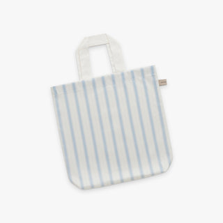 Striped tote bag with blue and white stripes on a white background