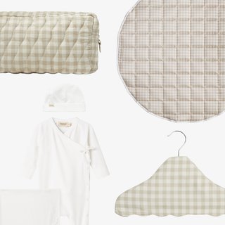 Collage of beige checkered fabric products including a pouch, hanger, and baby gift set on a white background.