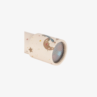 Children's tube toy with space-themed design on a white Luna Kaleidoscope background
