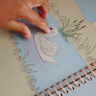 Hand holding a swan illustration on a notebook with floral designs