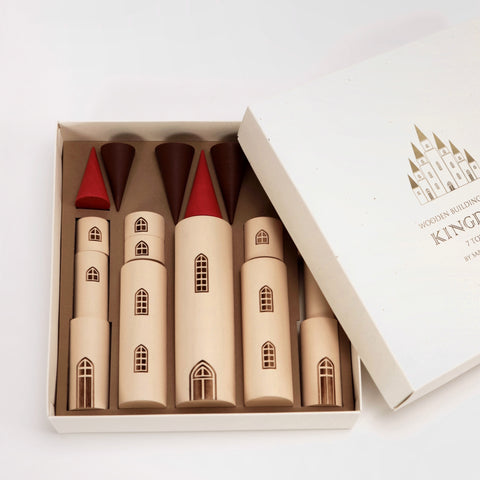 Fairytale Kingdom Tower with wooden cones in a box with lid set to the side