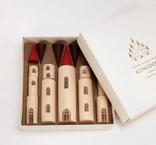 Fairytale Kingdom Tower with wooden cones in a box with lid set to the side