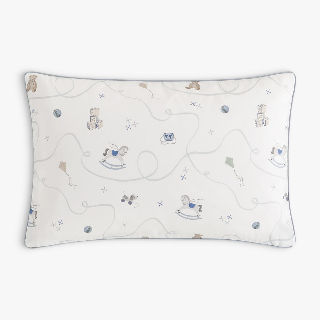 Personalize Me: Children's pillow with rocking horse and teddy bear on a white background