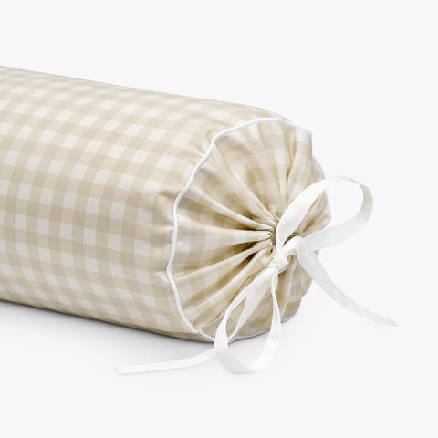 Beige checkered fabric roll with a white drawstring on a white background