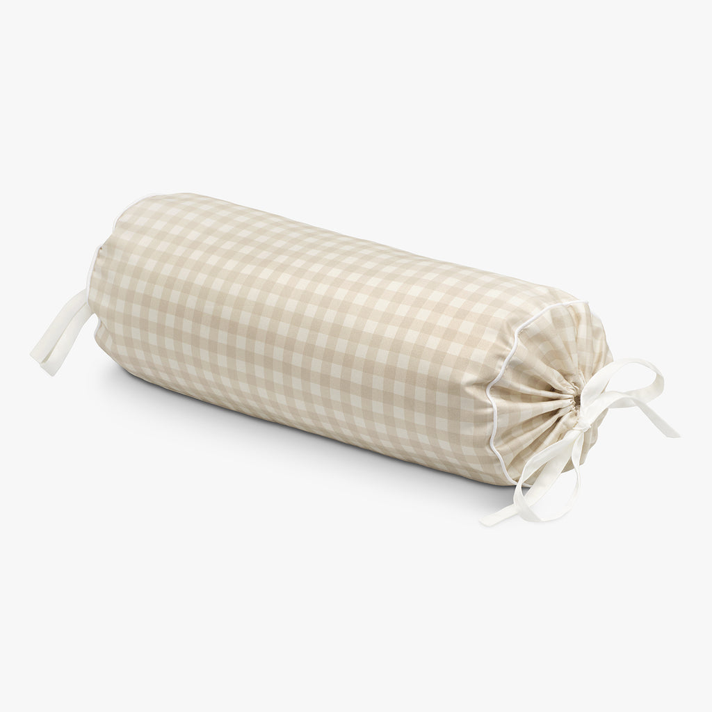 Personalize Me: Checkered cylindrical pillow with drawstring on a white background