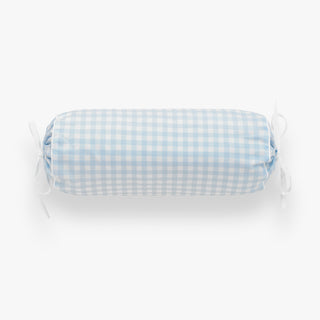 Roll of blue and white checkered fabric in clear packaging on a white background