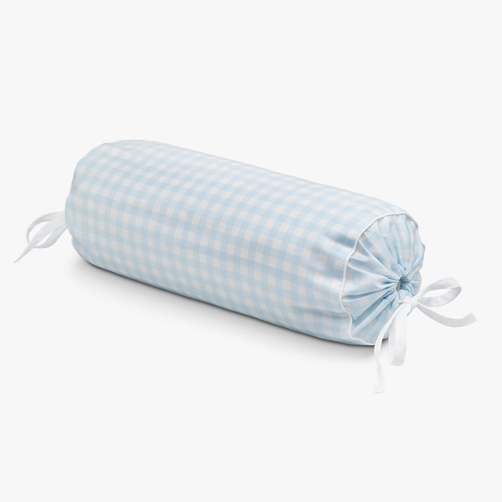 Personalize Me: Blue checkered cylindrical pillow with white ribbons on a white background