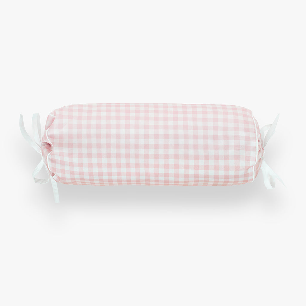 Personalize Me: Rectangular pillow with pink and white checkered pattern on a light gray background