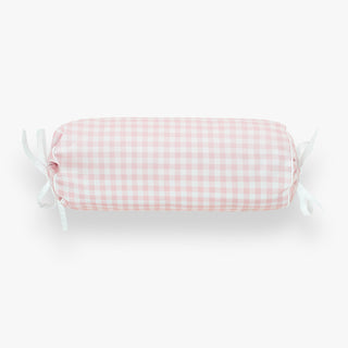 Rectangular pillow with pink and white checkered pattern on a light gray background