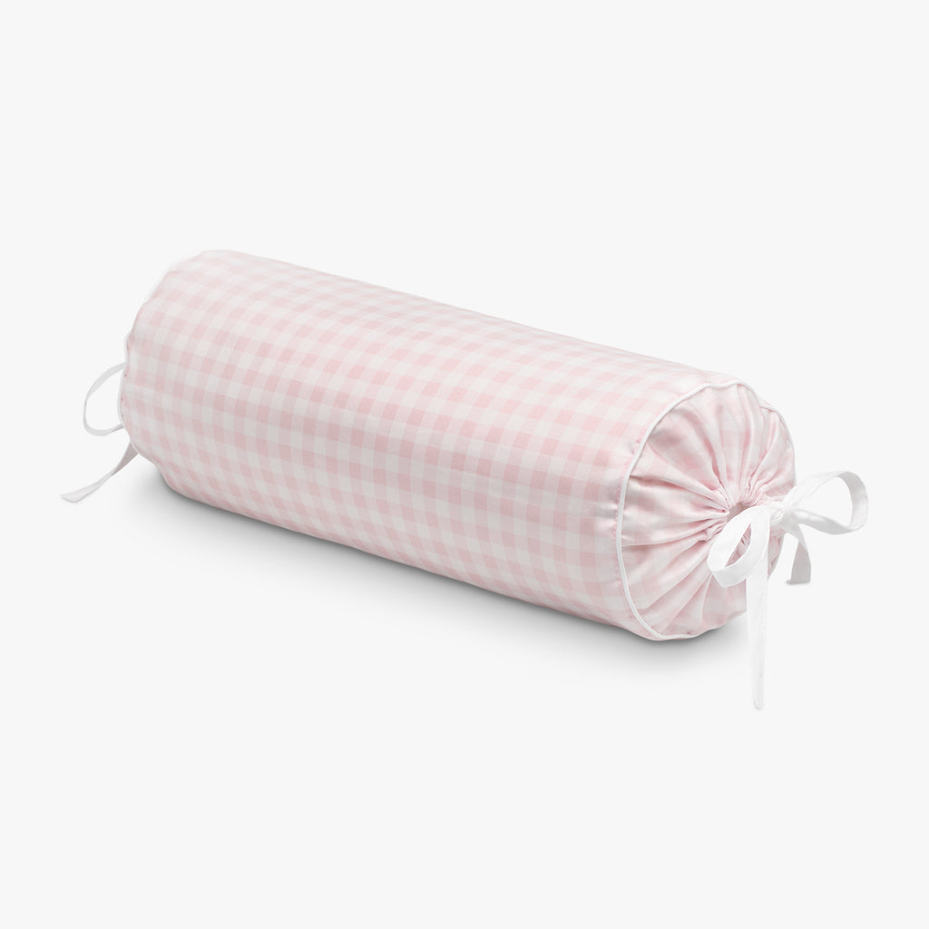 Personalize Me: Pink checkered cylindrical pillow on a white background
