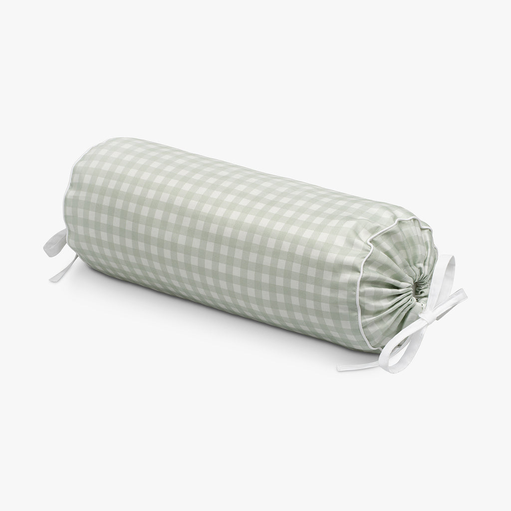 Personalize Me: Green checkered cylindrical pillow on a white background