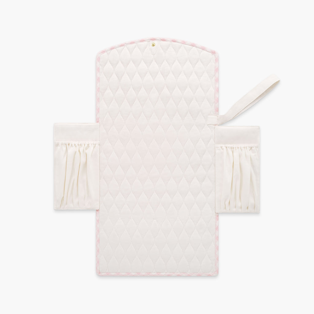 Personalize Me: Portable Changing Pad in Pink Gingham. Inside is Ivory with pocket detail