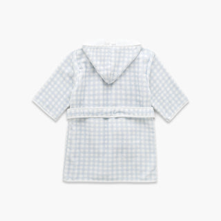 Light blue gingham patterned children's hooded bathrobe on a white background