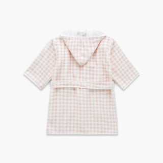 Pink gingham-patterned baby hooded bathrobe on a white background