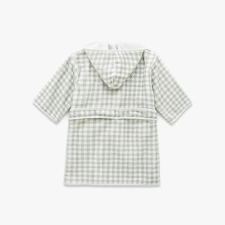Green and white gingham bathrobe on a light gray background