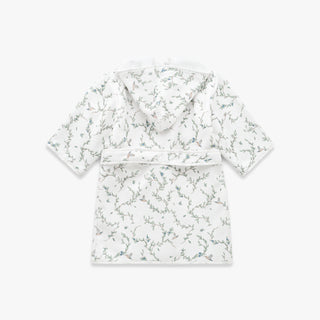 Floral-patterned hooded children's bathrobe on a white background