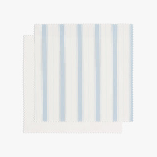 Fabric sample with blue and white vertical stripes on a white background