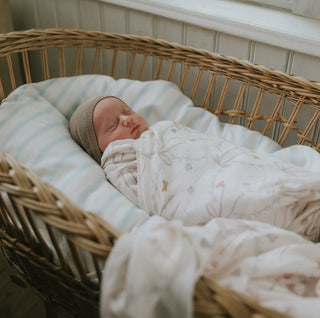 Bows & Butterfly Kisses Swaddle in Pink wrapped around a baby in bassinet