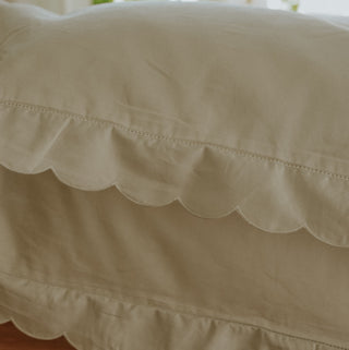 Scalloped Starlight Standard Pillowcase in White detail of scalloped and embroidery