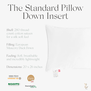 White standard pillow down insertwith product details on a white background