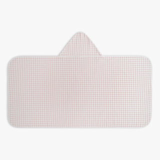 Checkered pink and white children's hooded towel on a white background