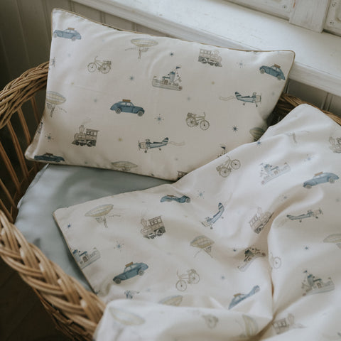 Transport Treasures Baby Duvet in Blue  in bassinet
