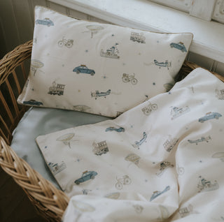 Transport Treasures Baby Duvet in Blue  in bassinet
