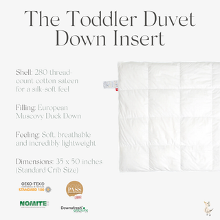 Toddler duvet down insert with product details on a white background