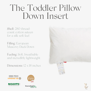 Toddler pillow down insert with product details and certifications on a white background.
