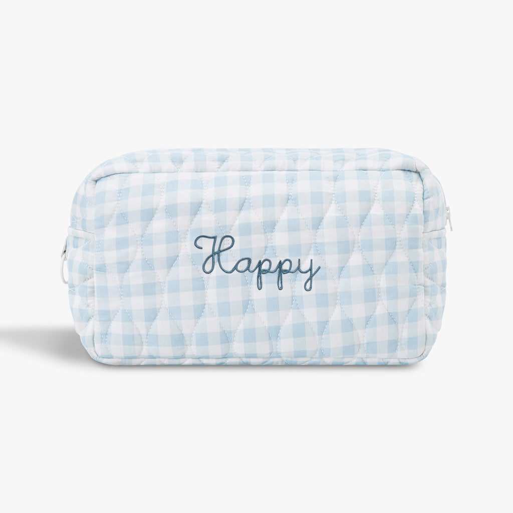 Toiletry Pouch in Blue Gingham. "Happy" embroidered on the front.