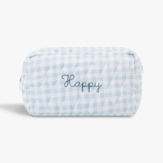 Toiletry Pouch in Blue Gingham. "Happy" embroidered on the front.