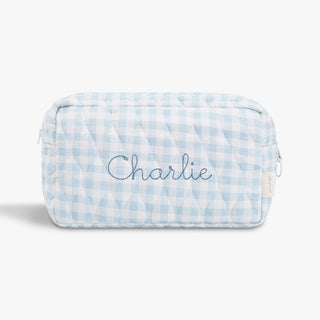 Toiletry Pouch in Blue Gingham. "Charlie" embroidered on the front.