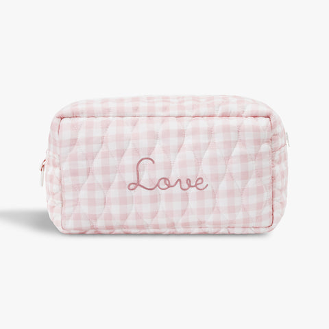 Toiletry Pouch in Pink Gingham. "Love" embroidered on the 
