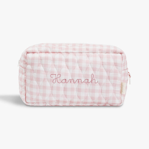 Toiletry Pouch in Pink Gingham. "Hannah" embroidered on the front.