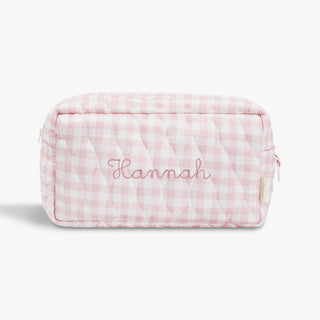 Toiletry Pouch in Pink Gingham. "Hannah" embroidered on the front.