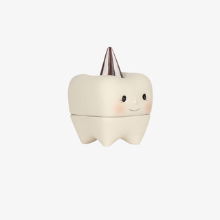 Tooth-shaped container with a smiling face on a white background