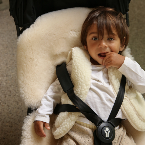 Child in a car seat with a white snuggler and black straps