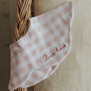 Winglet Bib in Picnic Gingham Pink close up shot